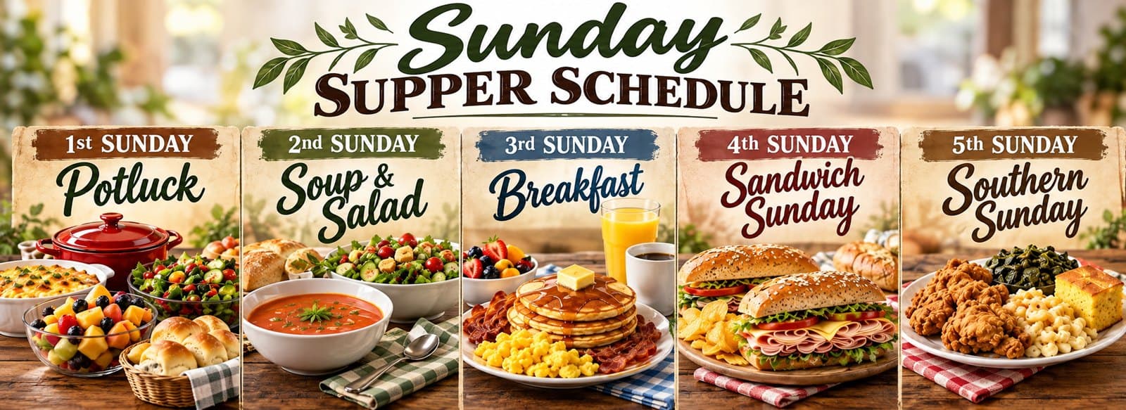 Sunday Supper Schedule: first Sunday potluck, second soup and salad, third breakfast, fourth sandwich Sunday, fifth southern Sunday
