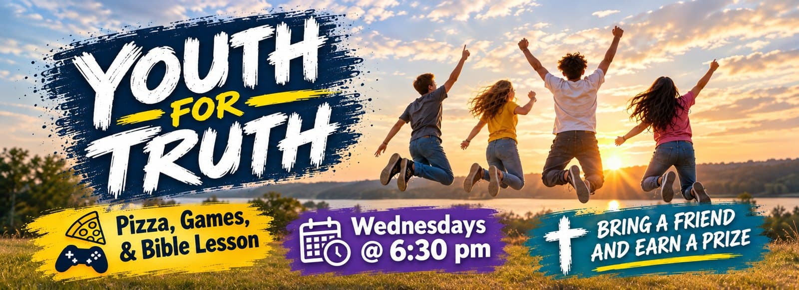 Youth for Truth, Wednesdays at 6:30 PM: pizza, games and a Bible lesson. Bring a friend and earn a prize.